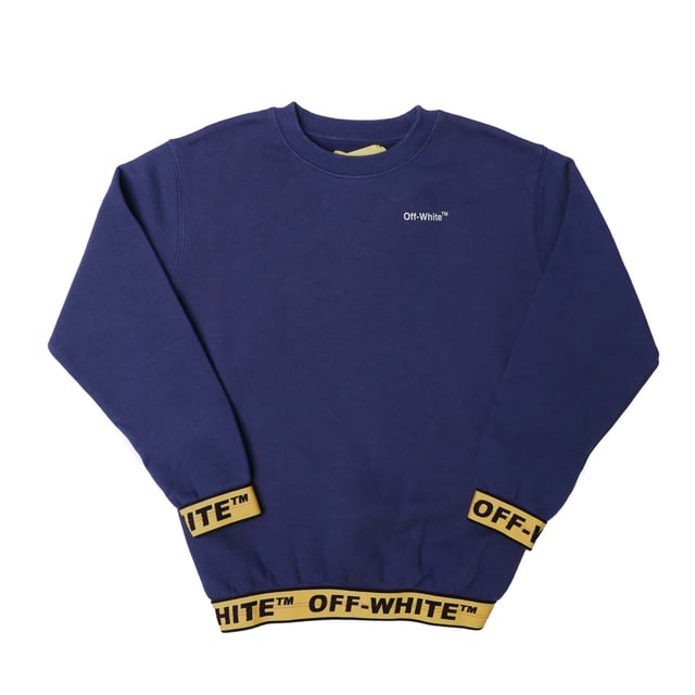 Juniors Off-White Logo Industrial Crewneck Sweatshirt in marineblauw.- Geribde crewneck.- Wit Off-White™ logo op voorzijde.- Gele elastische manchetten met zwart Off-White™ logo.- Gele elastische tailleband met zwart Off-White™ logo.- 100% Katoen.- Ref: OBBA0040014618