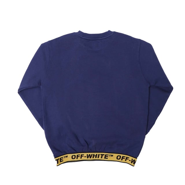 Juniors Off-White Logo Industrial Crewneck Sweatshirt in marineblauw.- Geribde crewneck.- Wit Off-White™ logo op voorzijde.- Gele elastische manchetten met zwart Off-White™ logo.- Gele elastische tailleband met zwart Off-White™ logo.- 100% Katoen.- Ref: OBBA0040014618