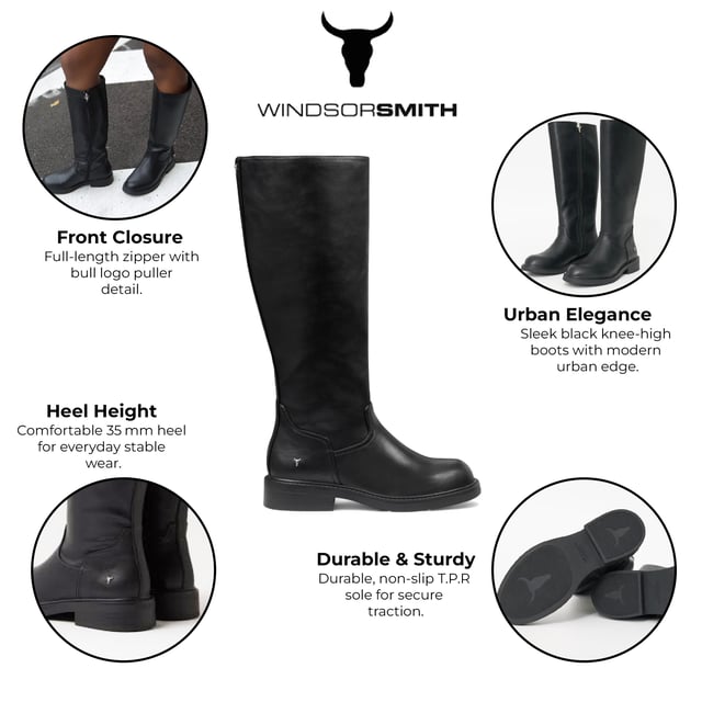 The Windsor Smith Blessing boots combine sleek design with practical features. Crafted with a non-leather upper and lining, these knee-high boots offer durability and style. The round toe shape and non-slip TPR sole ensure comfort and safety, while the full-length inside zipper with a bull logo puller provides easy access and a signature detail. With a modest 35 mm heel height, these boots are perfect for everyday wear with a bold edge.

Upper: Fuax Leather
Lining: Synthetic
Sole: Durable Non-Slip TPR
Heel Height: 35 mm (3.5 cm)
Closure: Full-length inside zipper with bull logo puller
Toe: Round
Shaft Height: Knee-High