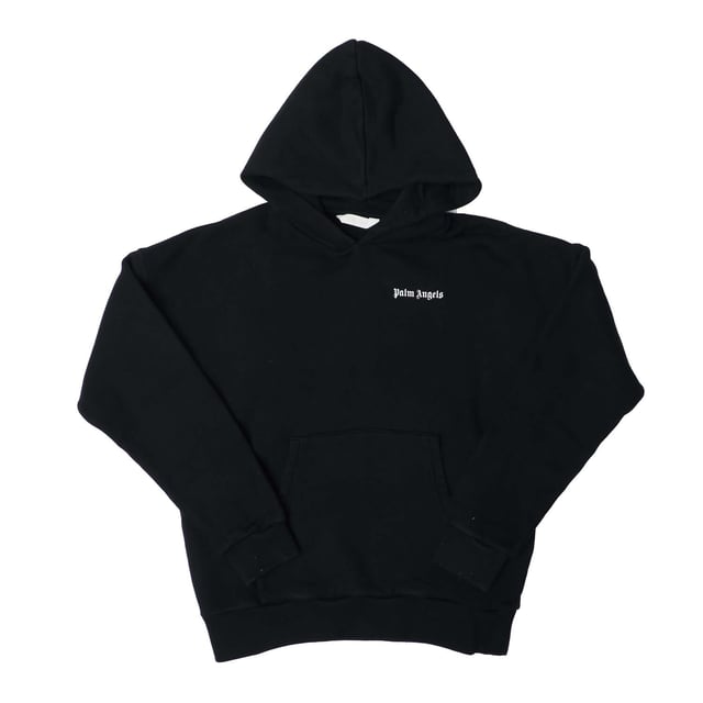 Juniors Palm Angels Classic Over Logo Hoodie in black - white.- Lined hood.- Long sleeves.- Palm Angels logo printed at left chest and at back.- Kangaroo style pocket to front.- Ribbed cuffs and hem.- Fabric: 100% Cotton.  Rib: 95% Cotton  5% Elastane.  Lining: 100% Cotton.  Hand wash.- Ref: PBBB0020011001