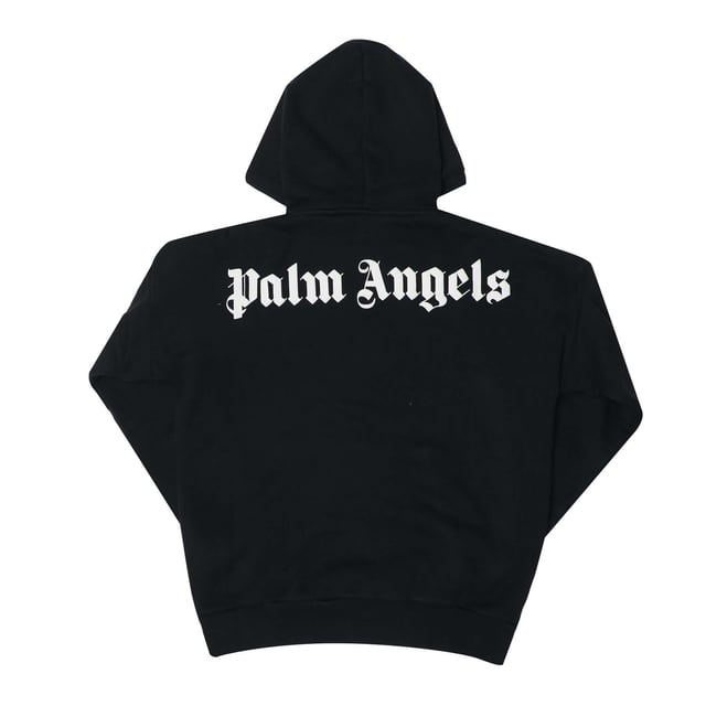 Juniors Palm Angels Classic Over Logo Hoodie in black - white.- Lined hood.- Long sleeves.- Palm Angels logo printed at left chest and at back.- Kangaroo style pocket to front.- Ribbed cuffs and hem.- Fabric: 100% Cotton.  Rib: 95% Cotton  5% Elastane.  Lining: 100% Cotton.  Hand wash.- Ref: PBBB0020011001