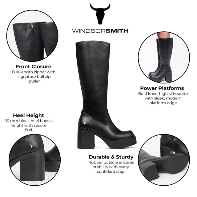 Realza tu look con las botas de plataforma hasta la rodilla Windsor Smith Niche. Diseñadas con una elegante parte superior y forro sin piel, estas botas hasta la rodilla combinan un estilo audaz con comodidad y funcionalidad. El tacón de bloque de 90 mm y la plataforma de 35 mm proporcionan altura y estabilidad, mientras que la suave punta cuadrada añade un toque moderno. Una cremallera interior completa con el característico tirador de cremallera en forma de toro facilita su uso. Acabadas con una resistente suela de goma y tacones de plataforma forrados en piel, estas botas son perfectas para un estilo que marca la diferencia. Parte superior: Piel sintética. Forro: Sintético. Suela: Goma. Altura: Hasta la rodilla. Altura del tacón: 90 mm (9 cm). Altura de la plataforma: 35 mm (3,5 cm). Cierre: Cremallera interior completa con tirador en forma de toro. Punta: Cuadrada suave. Tipo de tacón: Tacón de bloque. Detalles: Tacones de plataforma forrados en piel.