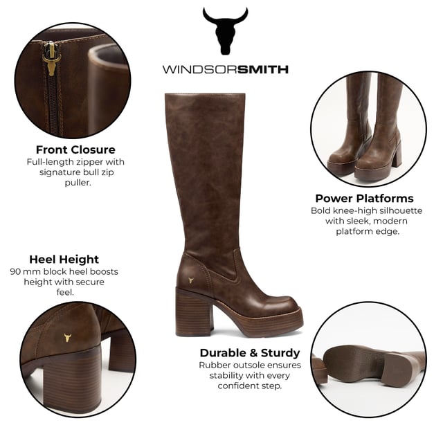 Elevate your look with the Windsor Smith Niche knee high platform boots. Designed with a sleek non-leather upper and lining, these knee-high boots combine bold style with comfort and functionality. The 90 mm block heel and 35 mm platform provide height and stability, while the soft square toe adds a modern touch. A full-length inside zipper with a signature bull zip puller makes for easy wear. Finished with a durable rubber outsole and leather-covered platform heels, these boots are perfect for statement-making style.

Upper: Faux Leather
Lining: Synthetic
Sole: Rubber
Height: Knee-High
Heel Height: 90 mm (9 cm)
Platform Height: 35 mm (3.5 cm)
Closure: Full-length inside zipper with bull puller
Toe: Soft Square
Heel Type: Block heel
Details: Leather-covered platform heels