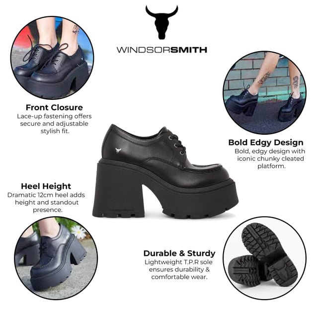 Trek de aandacht met de Windsor Smith Starcrossed platformschoenen - de ultieme combinatie van attitude en lengte. Deze dikke veterschoenen met een strak bovenwerk van zwart leer zijn voorzien van de kenmerkende noppenzool van het merk, die zowel grip als een opvallende stijl biedt. De ronde neus en lichtgewicht TPR-constructie zorgen voor comfort, terwijl de torenhoge hak van 12 cm en het platform van 5,3 cm je maximale lift geven. Afgewerkt met het iconische stierenlogo van Windsor Smith op het bovenwerk, zijn ze ontworpen voor een onverschrokken, modieuze look. Bovenwerk: Leer Voering: Niet-leer Zool: Lichtgewicht TPR (met noppen) Sluiting: Veter Teen: Rond Platform Hoogte: 5,3 cm Hakhoogte: 12 cm Kenmerken: Dikke zool, stierenlogo