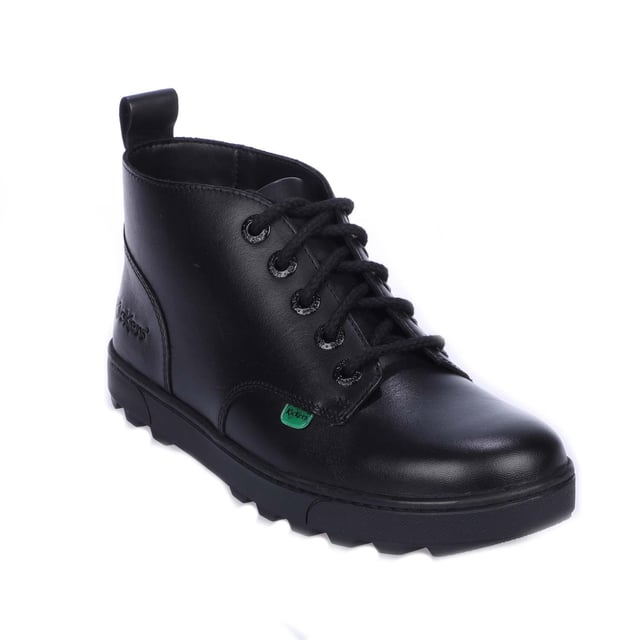 Junior Kickers Disley Hi Lederen Laars in zwart.- Lederen bovenkant.- Vetersluiting.- Kickers merk en stiksels.- Rubberen zool.- Ref: 116728
