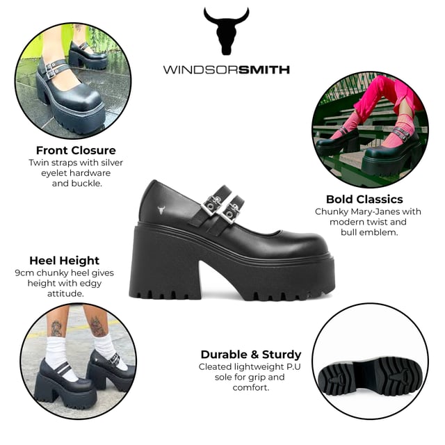 Step into bold style with the Windsor Smith Lessons platform shoes — a modern twist on the classic Mary-Jane. Crafted with a smooth black leather upper, these chunky platforms feature twin adjustable straps with silver hardware, eyelet detailing, and Windsor Smith’s signature bull symbol on the side. Designed for statement-makers, they boast a cleated, lightweight PU sole, a towering 9 cm heel, and a 4.6 cm platform for comfort and impact. With a rounded toe and edgy detailing, they're perfect for elevating any outfit.

Upper: Premium Leather
Lining: Non-Leather
Sole: Lightweight PU
Closure: Twin adjustable straps with silver eyelets
Toe: Rounded
Platform Height: 4.6 cm
Heel Height: 9 cm
Details: Cleated sole, silver hardware, bull logo