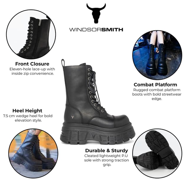 Make a fearless statement with the Windsor Smith Screaming platform boots - where combat style meets elevated edge. Crafted from cow waxy leather, these 11-eyelet lace-up boots feature a chunky cleated platform wedge sole, reinforced toe cap, and heavy cable stitch detail. The inside zip allows for easy slip-on access, while the leather pull tab and embossed bull logo at the back add signature Windsor Smith touches. Designed for attitude and comfort, they stand tall with a 7.5 cm heel and 5.6 cm platform.
Upper: Cow Waxy Leather
Lining: Non-Leather
Sole: Lightweight PU (cleated wedge)
Closure: Lace-up with inside zip
Toe: Round with toe cap
Platform Height: 5.6 cm
Heel Height: 7.5 cm
Design: Chunky combat boot with heavy stitch detail
Branding: Embossed bull logo at back