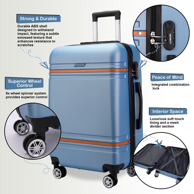 Hardshell Blue Navy Cabinekofferset Robuuste ABS Lichtgewicht Bagage Vakantietas Upgrade je reisuitrusting met onze Hardshell Cabin Suitcase, ontworpen om duurzaamheid, stijl en functionaliteit te combineren. Of het nu gaat om zakenreizen of vakantieavonturen, deze lichtgewicht koffer biedt superieure prestaties met een strakke en moderne look.
Kenmerken:
Stevige ABS-constructie: Lichtgewicht maar duurzaam, biedt uitstekende bescherming voor je spullen.
8 Soepele dubbele wielen: Moeiteloze 360° wendbaarheid voor stressvrij reizen door luchthavens en drukke straten.
Veilig cijferslot: Ingebouwd 3-cijferig slot voor extra veiligheid en gemoedsrust.
Telescopische handgreep: Ergonomisch ontworpen voor comfortabel gebruik.
Volledig gevoerde binnenkant: Uitgerust met elastische spanbanden, een scheidingswand met rits en een gaasvak om je spullen georganiseerd te houden.
Beschikbare maten en specificaties:
Cabin:
Afmetingen: 36 x 22 x 56 cm
Gewicht: 2,60 kg
Inhoud: 43 l
Medium:
Afmetingen: 42 x 25 x 66 cm
Gewicht: 3,40 kg
Inhoud: 64 l
Groot:
Afmetingen: 48 x 28 x 75 cm
Gewicht: 4,20 kg
Inhoud: 98 l
Het tijdloze ontwerp staat garant voor elegantie en zorgt ervoor dat uw bagage gemakkelijk te herkennen is. Of u nu licht reist met de handbagage of inpakt voor een lange reis met de medium en large opties, deze koffers zijn afgestemd op al uw reisbehoeften.
Let op: Deze koffers worden los verkocht, niet als set. Selecteer daarom uw gewenste maat bij het bestellen.