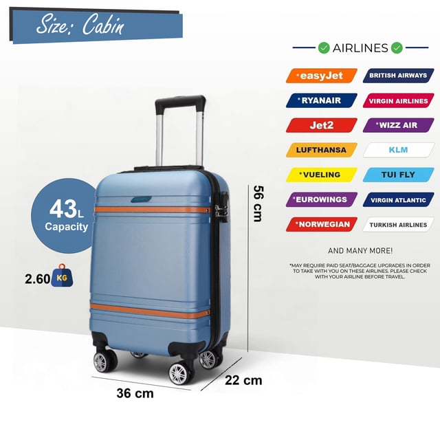 Hardshell Blue Navy Cabinekofferset Robuuste ABS Lichtgewicht Bagage Vakantietas Upgrade je reisuitrusting met onze Hardshell Cabin Suitcase, ontworpen om duurzaamheid, stijl en functionaliteit te combineren. Of het nu gaat om zakenreizen of vakantieavonturen, deze lichtgewicht koffer biedt superieure prestaties met een strakke en moderne look.
Kenmerken:
Stevige ABS-constructie: Lichtgewicht maar duurzaam, biedt uitstekende bescherming voor je spullen.
8 Soepele dubbele wielen: Moeiteloze 360° wendbaarheid voor stressvrij reizen door luchthavens en drukke straten.
Veilig cijferslot: Ingebouwd 3-cijferig slot voor extra veiligheid en gemoedsrust.
Telescopische handgreep: Ergonomisch ontworpen voor comfortabel gebruik.
Volledig gevoerde binnenkant: Uitgerust met elastische spanbanden, een scheidingswand met rits en een gaasvak om je spullen georganiseerd te houden.
Beschikbare maten en specificaties:
Cabin:
Afmetingen: 36 x 22 x 56 cm
Gewicht: 2,60 kg
Inhoud: 43 l
Medium:
Afmetingen: 42 x 25 x 66 cm
Gewicht: 3,40 kg
Inhoud: 64 l
Groot:
Afmetingen: 48 x 28 x 75 cm
Gewicht: 4,20 kg
Inhoud: 98 l
Het tijdloze ontwerp staat garant voor elegantie en zorgt ervoor dat uw bagage gemakkelijk te herkennen is. Of u nu licht reist met de handbagage of inpakt voor een lange reis met de medium en large opties, deze koffers zijn afgestemd op al uw reisbehoeften.
Let op: Deze koffers worden los verkocht, niet als set. Selecteer daarom uw gewenste maat bij het bestellen.