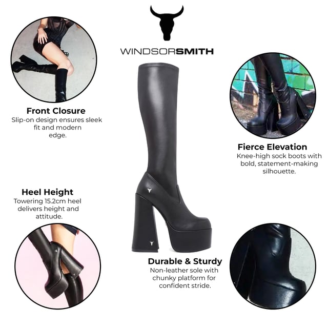 Own the spotlight in the Windsor Smith Survival black stretch platform boots. These striking knee-high sock boots feature a sleek, non-leather upper that hugs the leg for a bold, sculpted silhouette. Set on towering 15.2 cm chunky block heels with a 5.7 cm platform, they offer dramatic height without compromising stability. Complete with Windsor Smith's iconic bullhead logo on the heel and sole, these boots are designed to turn heads and elevate your wardrobe.

Upper: Black Stretch (Non-Leather)
Lining: Non-Leather
Sole: Non-Leather
Style: Knee-high sock boots
Heel Height: 15.2 cm
Platform Height: 5.7 cm
Design: Chunky platform block heel