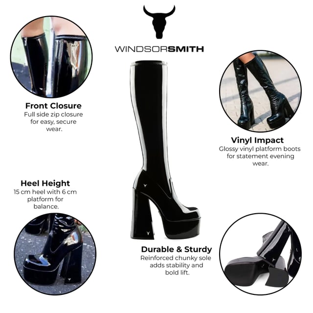 Own the spotlight in the Windsor Smith Saucy black stretch platform boots. These striking knee-high sock boots feature a sleek, non-leather upper that hugs the leg for a bold, sculpted silhouette. Set on towering 15.2 cm chunky block heels with a 5.7 cm platform, they offer dramatic height without compromising stability. Complete with Windsor Smith's iconic bullhead logo on the heel and sole, these boots are designed to turn heads and elevate your wardrobe.

Upper: Black Stretch (Non-Leather)
Lining: Non-Leather
Sole: Non-Leather
Style: Knee-high sock boots
Heel Height: 15.2 cm
Platform Height: 5.7 cm
Design: Chunky platform block heel