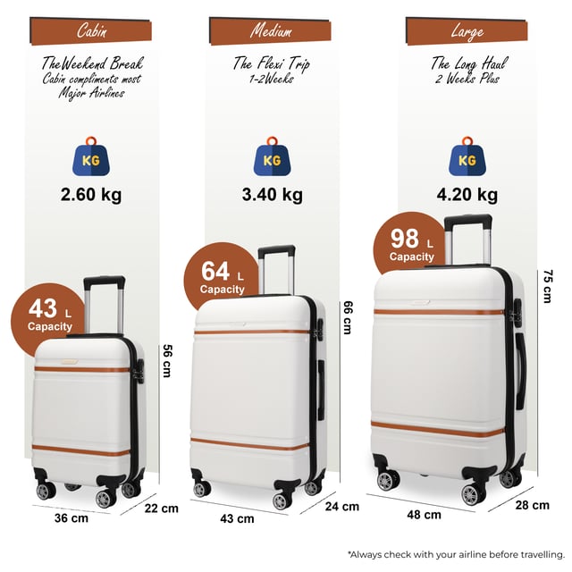 Hartschalen-Creme-Weiß-Kabinenkoffer-Set Robustes ABS Leichtgewicht Reisegepäck Urlaubstasche Werten Sie Ihre Reiseausrüstung mit unserem Hartschalen-Kabinenkoffer auf – er vereint Robustheit, Stil und Funktionalität. Ob auf Geschäftsreise oder im Urlaub – dieses leichte Gepäckstück bietet überlegene Leistung mit einem eleganten und modernen Look.
Eigenschaften:
Stabile ABS-Konstruktion: Leicht und dennoch robust – für hervorragenden Schutz Ihres Gepäcks.
8 leichtgängige Doppelrollen: Mühelose 360°-Manövrierbarkeit für entspanntes Reisen durch Flughäfen und belebte Straßen.
Sicheres Zahlenschloss: Integriertes 3-stelliges Schloss für mehr Sicherheit und ein gutes Gefühl.
Teleskopgriff: Ergonomisch geformt für bequemes Handling.
Vollständig gefütterter Innenraum: Ausgestattet mit elastischen Spanngurten, einer Trennwand mit Reißverschluss und einer Netztasche für Ordnung.
Verfügbare Größen und Spezifikationen:
Handgepäck:
Maße: 36 x 22 x 56 cm
Gewicht: 2,60 kg
Fassungsvermögen: 43 l
Mittel:
Maße: 42 x 25 x 66 cm
Gewicht: 3,40 kg
Fassungsvermögen: 64 l
Groß:
Maße: 48 x 28 x 75 cm
Gewicht: 4,20 kg
Fassungsvermögen: 98 l
Das zeitlose Design sorgt für Eleganz und sorgt dafür, dass Ihr Gepäck leicht zu erkennen ist. Ob Sie mit leichtem Gepäck in der Handgepäckgröße reisen oder mit den mittleren und großen Optionen für eine lange Reise packen – dieser Koffer erfüllt alle Ihre Reisebedürfnisse.
Hinweis: Diese Koffer werden einzeln und nicht im Set verkauft. Bitte wählen Sie daher bei der Bestellung Ihre gewünschte Größe aus.