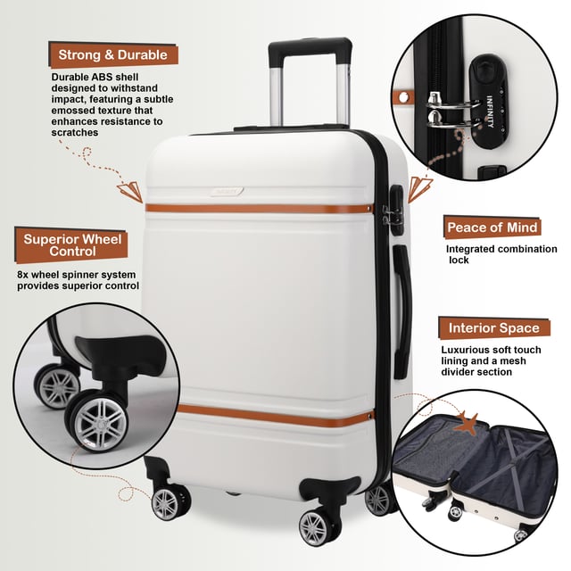 Hartschalen-Creme-Weiß-Kabinenkoffer-Set Robustes ABS Leichtgewicht Reisegepäck Urlaubstasche Werten Sie Ihre Reiseausrüstung mit unserem Hartschalen-Kabinenkoffer auf – er vereint Robustheit, Stil und Funktionalität. Ob auf Geschäftsreise oder im Urlaub – dieses leichte Gepäckstück bietet überlegene Leistung mit einem eleganten und modernen Look.
Eigenschaften:
Stabile ABS-Konstruktion: Leicht und dennoch robust – für hervorragenden Schutz Ihres Gepäcks.
8 leichtgängige Doppelrollen: Mühelose 360°-Manövrierbarkeit für entspanntes Reisen durch Flughäfen und belebte Straßen.
Sicheres Zahlenschloss: Integriertes 3-stelliges Schloss für mehr Sicherheit und ein gutes Gefühl.
Teleskopgriff: Ergonomisch geformt für bequemes Handling.
Vollständig gefütterter Innenraum: Ausgestattet mit elastischen Spanngurten, einer Trennwand mit Reißverschluss und einer Netztasche für Ordnung.
Verfügbare Größen und Spezifikationen:
Handgepäck:
Maße: 36 x 22 x 56 cm
Gewicht: 2,60 kg
Fassungsvermögen: 43 l
Mittel:
Maße: 42 x 25 x 66 cm
Gewicht: 3,40 kg
Fassungsvermögen: 64 l
Groß:
Maße: 48 x 28 x 75 cm
Gewicht: 4,20 kg
Fassungsvermögen: 98 l
Das zeitlose Design sorgt für Eleganz und sorgt dafür, dass Ihr Gepäck leicht zu erkennen ist. Ob Sie mit leichtem Gepäck in der Handgepäckgröße reisen oder mit den mittleren und großen Optionen für eine lange Reise packen – dieser Koffer erfüllt alle Ihre Reisebedürfnisse.
Hinweis: Diese Koffer werden einzeln und nicht im Set verkauft. Bitte wählen Sie daher bei der Bestellung Ihre gewünschte Größe aus.