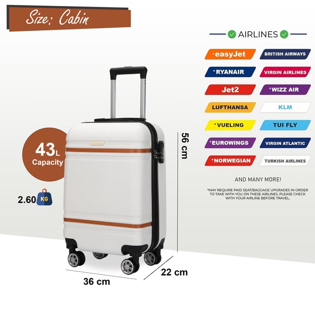 Hartschalen-Creme-Weiß-Kabinenkoffer-Set Robustes ABS Leichtgewicht Reisegepäck Urlaubstasche Werten Sie Ihre Reiseausrüstung mit unserem Hartschalen-Kabinenkoffer auf – er vereint Robustheit, Stil und Funktionalität. Ob auf Geschäftsreise oder im Urlaub – dieses leichte Gepäckstück bietet überlegene Leistung mit einem eleganten und modernen Look.
Eigenschaften:
Stabile ABS-Konstruktion: Leicht und dennoch robust – für hervorragenden Schutz Ihres Gepäcks.
8 leichtgängige Doppelrollen: Mühelose 360°-Manövrierbarkeit für entspanntes Reisen durch Flughäfen und belebte Straßen.
Sicheres Zahlenschloss: Integriertes 3-stelliges Schloss für mehr Sicherheit und ein gutes Gefühl.
Teleskopgriff: Ergonomisch geformt für bequemes Handling.
Vollständig gefütterter Innenraum: Ausgestattet mit elastischen Spanngurten, einer Trennwand mit Reißverschluss und einer Netztasche für Ordnung.
Verfügbare Größen und Spezifikationen:
Handgepäck:
Maße: 36 x 22 x 56 cm
Gewicht: 2,60 kg
Fassungsvermögen: 43 l
Mittel:
Maße: 42 x 25 x 66 cm
Gewicht: 3,40 kg
Fassungsvermögen: 64 l
Groß:
Maße: 48 x 28 x 75 cm
Gewicht: 4,20 kg
Fassungsvermögen: 98 l
Das zeitlose Design sorgt für Eleganz und sorgt dafür, dass Ihr Gepäck leicht zu erkennen ist. Ob Sie mit leichtem Gepäck in der Handgepäckgröße reisen oder mit den mittleren und großen Optionen für eine lange Reise packen – dieser Koffer erfüllt alle Ihre Reisebedürfnisse.
Hinweis: Diese Koffer werden einzeln und nicht im Set verkauft. Bitte wählen Sie daher bei der Bestellung Ihre gewünschte Größe aus.