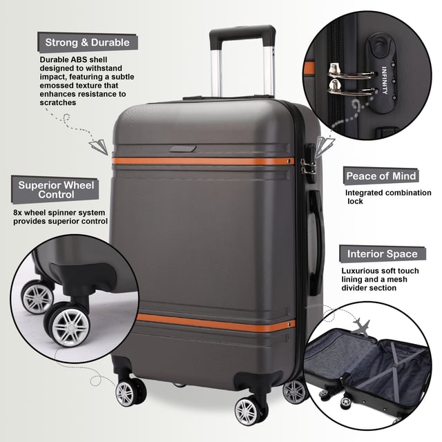 Maleta de cabina rígida de color negro carbón, robusta, ligera y de ABS, ideal para vacaciones. Mejora tu equipo de viaje con nuestra maleta rígida de cabina, diseñada para combinar durabilidad, estilo y funcionalidad. Ya sea para viajes de negocios o vacaciones, este equipaje ligero ofrece un rendimiento superior con un aspecto elegante y moderno.
Características:
Construcción robusta de ABS: Ligera pero duradera, ofrece una excelente protección para tus pertenencias.
8 ruedas dobles suaves: Maniobrabilidad de 360° sin esfuerzo para viajar sin estrés por aeropuertos y calles concurridas.
Cerradura de combinación segura: Candado integrado de 3 dígitos para mayor seguridad y tranquilidad.
Asa telescópica: Diseño ergonómico para un manejo cómodo.
Interior completamente forrado: Equipado con correas elásticas de amarre, un divisor con cremallera y un bolsillo de malla para mantener tus pertenencias organizadas. Tamaños y especificaciones disponibles:
Cabina:
Dimensiones: 36 x 22 x 56 cm
Peso: 2,60 kg
Capacidad: 43 L
Mediana:
Dimensiones: 42 x 25 x 66 cm
Peso: 3,40 kg
Capacidad: 64 L
Grande:
Dimensiones: 48 x 28 x 75 cm
Peso: 4,20 kg
Capacidad: 98 L
Su diseño atemporal garantiza elegancia y facilita la localización de su equipaje. Tanto si viaja ligero con el tamaño de cabina como si prepara su equipaje para un viaje largo con las opciones mediana y grande, esta maleta se adapta a todas sus necesidades de viaje.
Nota: Estas maletas se venden individualmente, no en conjunto, así que seleccione su tamaño preferido al realizar el pedido.