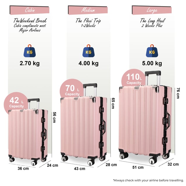 Discover the perfect blend of elegance, durability, and convenience with our Strong Hardshell Suitcase. Designed with a stunning finish, this luggage set is crafted for the modern traveler, offering strength and sophistication for all your journeys.

Features:
Premium Polycarbonate Shell: Lightweight yet tough, delivering exceptional protection against wear and tear.
Reinforced Aluminum Frame: Adds durability and structural integrity, ensuring long-lasting performance.
Dual Integrated Locks: Secure your belongings with two built-in combination locks for added peace of mind.
8 Smooth Dual Wheels: Provides effortless 360° maneuverability, making navigation through airports and busy streets a breeze.
Ergonomic Telescopic Handle: Designed for comfortable handling and ease of use.
Stylish Interior: Fully lined with elasticated straps, zippered compartments, and mesh dividers for organized packing.
Available Sizes and Specifications:
Cabin:
Dimensions: 36 x 24 x 56 cm
Weight: 2.70 kg
Capacity: 42L
Medium:
Dimensions: 43 x 28 x 65.5 cm
Weight: 4.00 kg
Capacity: 70L
Large:
Dimensions: 51 x 32 x 76 cm
Weight: 5.00 kg
Capacity: 110L
The color adds a sophisticated flair while ensuring your luggage stands out on any carousel. Whether you’re traveling light or packing for an extended getaway, this suitcase set is built to meet all your travel needs with unmatched style and functionality.

Note: These suitcases are sold individually not in a set, so please select your preferred size while ordering.