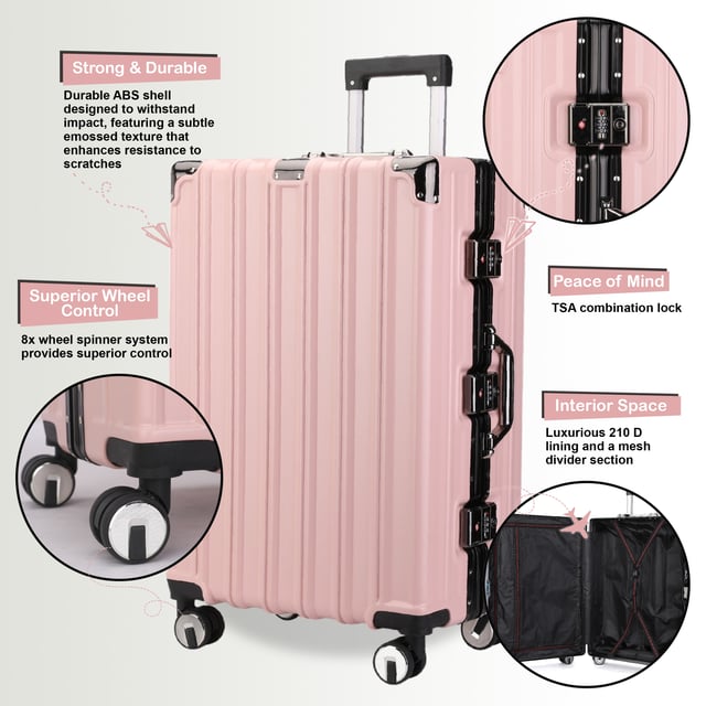 Discover the perfect blend of elegance, durability, and convenience with our Strong Hardshell Suitcase. Designed with a stunning finish, this luggage set is crafted for the modern traveler, offering strength and sophistication for all your journeys.

Features:
Premium Polycarbonate Shell: Lightweight yet tough, delivering exceptional protection against wear and tear.
Reinforced Aluminum Frame: Adds durability and structural integrity, ensuring long-lasting performance.
Dual Integrated Locks: Secure your belongings with two built-in combination locks for added peace of mind.
8 Smooth Dual Wheels: Provides effortless 360° maneuverability, making navigation through airports and busy streets a breeze.
Ergonomic Telescopic Handle: Designed for comfortable handling and ease of use.
Stylish Interior: Fully lined with elasticated straps, zippered compartments, and mesh dividers for organized packing.
Available Sizes and Specifications:
Cabin:
Dimensions: 36 x 24 x 56 cm
Weight: 2.70 kg
Capacity: 42L
Medium:
Dimensions: 43 x 28 x 65.5 cm
Weight: 4.00 kg
Capacity: 70L
Large:
Dimensions: 51 x 32 x 76 cm
Weight: 5.00 kg
Capacity: 110L
The color adds a sophisticated flair while ensuring your luggage stands out on any carousel. Whether you’re traveling light or packing for an extended getaway, this suitcase set is built to meet all your travel needs with unmatched style and functionality.

Note: These suitcases are sold individually not in a set, so please select your preferred size while ordering.