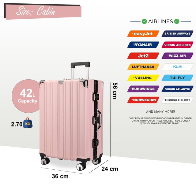 Discover the perfect blend of elegance, durability, and convenience with our Strong Hardshell Suitcase. Designed with a stunning finish, this luggage set is crafted for the modern traveler, offering strength and sophistication for all your journeys.

Features:
Premium Polycarbonate Shell: Lightweight yet tough, delivering exceptional protection against wear and tear.
Reinforced Aluminum Frame: Adds durability and structural integrity, ensuring long-lasting performance.
Dual Integrated Locks: Secure your belongings with two built-in combination locks for added peace of mind.
8 Smooth Dual Wheels: Provides effortless 360° maneuverability, making navigation through airports and busy streets a breeze.
Ergonomic Telescopic Handle: Designed for comfortable handling and ease of use.
Stylish Interior: Fully lined with elasticated straps, zippered compartments, and mesh dividers for organized packing.
Available Sizes and Specifications:
Cabin:
Dimensions: 36 x 24 x 56 cm
Weight: 2.70 kg
Capacity: 42L
Medium:
Dimensions: 43 x 28 x 65.5 cm
Weight: 4.00 kg
Capacity: 70L
Large:
Dimensions: 51 x 32 x 76 cm
Weight: 5.00 kg
Capacity: 110L
The color adds a sophisticated flair while ensuring your luggage stands out on any carousel. Whether you’re traveling light or packing for an extended getaway, this suitcase set is built to meet all your travel needs with unmatched style and functionality.

Note: These suitcases are sold individually not in a set, so please select your preferred size while ordering.