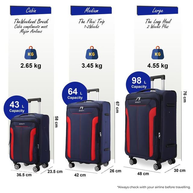 Werten Sie Ihre Reiseutensilien mit dem 8-Rollen-Leichtkoffer auf – designt für Stil, Robustheit und Funktionalität. Dieses Weichschalengepäck aus hochwertigem Nylon bietet ein elegantes Design und herausragende Leistung für all Ihre Reisen.

Eigenschaften:
Leichtes Nylonmaterial: Robust und dennoch leicht, dadurch einfach zu handhaben und langlebig.
Erweiterbares Design: Bietet Flexibilität mit über 20 % zusätzlichem Stauraum.
Sicherer Verschluss: Schützt Ihre Sachen mit integriertem Zahlenschloss.
4 Doppelrollen mit 360°-Mobilität: Sorgt für müheloses Manövrieren auf unterschiedlichen Oberflächen.
Ergonomischer Teleskopgriff: Für Komfort und einfache Handhabung.
Organisierter Innenraum: Mit Spanngurten, Reißverschlussfächern und Netzteilern für müheloses Packen.
Verfügbare Größen und Spezifikationen:
Handgepäck:
Maße: 36,5 x 23,5 x 58 cm
Gewicht: 2,65 kg
Fassungsvermögen: 43 l
Mittel:
Maße: 42 x 26 x 67 cm
Gewicht: 3,45 kg
Fassungsvermögen: 64 l
Groß:
Maße: 48 x 30 x 76 cm
Gewicht: 4,55 kg
Fassungsvermögen: 98 l
Dieser vielseitige Koffer eignet sich perfekt für alle Reisearten, egal ob Kurztrip oder längerer Urlaub. Das schlanke Design sorgt für zeitlose Eleganz, während die leichte Konstruktion und die fortschrittlichen Funktionen unvergleichlichen Komfort bieten.

Hinweis: Diese Koffer werden einzeln und nicht im Satz Paket verkauft. Bitte wählen Sie daher bei der Bestellung Ihre gewünschte Größe aus.