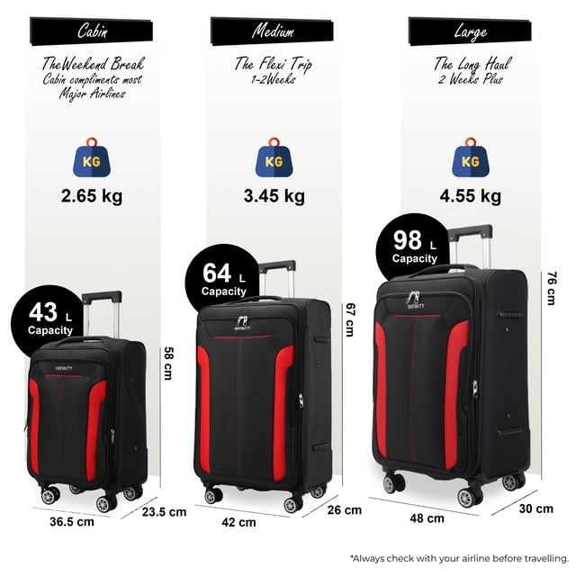 Werten Sie Ihre Reiseutensilien mit dem 8-Rollen-Leichtkoffer auf – designt für Stil, Robustheit und Funktionalität. Dieses Weichschalengepäck aus hochwertigem Nylon bietet ein elegantes Design und herausragende Leistung für all Ihre Reisen.

Eigenschaften:
Leichtes Nylonmaterial: Robust und dennoch leicht, dadurch einfach zu handhaben und langlebig.
Erweiterbares Design: Bietet Flexibilität mit über 20 % zusätzlichem Stauraum.
Sicherer Verschluss: Schützt Ihre Sachen mit integriertem Zahlenschloss.
4 Doppelrollen mit 360°-Mobilität: Sorgt für müheloses Manövrieren auf unterschiedlichen Oberflächen.
Ergonomischer Teleskopgriff: Für Komfort und einfache Handhabung.
Organisierter Innenraum: Mit Spanngurten, Reißverschlussfächern und Netzteilern für müheloses Packen.
Verfügbare Größen und Spezifikationen:
Handgepäck:
Maße: 36,5 x 23,5 x 58 cm
Gewicht: 2,65 kg
Fassungsvermögen: 43 l
Mittel:
Maße: 42 x 26 x 67 cm
Gewicht: 3,45 kg
Fassungsvermögen: 64 l
Groß:
Maße: 48 x 30 x 76 cm
Gewicht: 4,55 kg
Fassungsvermögen: 98 l
Dieser vielseitige Koffer eignet sich perfekt für alle Reisearten, egal ob Kurztrip oder längerer Urlaub. Das schlanke Design sorgt für zeitlose Eleganz, während die leichte Konstruktion und die fortschrittlichen Funktionen unvergleichlichen Komfort bieten.

Hinweis: Diese Koffer werden einzeln und nicht im Satz Paket verkauft. Bitte wählen Sie daher bei der Bestellung Ihre gewünschte Größe aus.