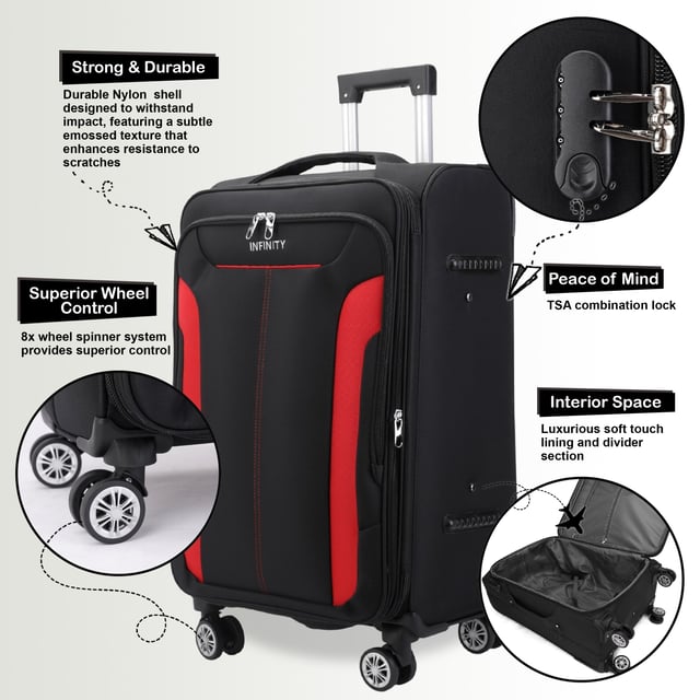 Werten Sie Ihre Reiseutensilien mit dem 8-Rollen-Leichtkoffer auf – designt für Stil, Robustheit und Funktionalität. Dieses Weichschalengepäck aus hochwertigem Nylon bietet ein elegantes Design und herausragende Leistung für all Ihre Reisen.

Eigenschaften:
Leichtes Nylonmaterial: Robust und dennoch leicht, dadurch einfach zu handhaben und langlebig.
Erweiterbares Design: Bietet Flexibilität mit über 20 % zusätzlichem Stauraum.
Sicherer Verschluss: Schützt Ihre Sachen mit integriertem Zahlenschloss.
4 Doppelrollen mit 360°-Mobilität: Sorgt für müheloses Manövrieren auf unterschiedlichen Oberflächen.
Ergonomischer Teleskopgriff: Für Komfort und einfache Handhabung.
Organisierter Innenraum: Mit Spanngurten, Reißverschlussfächern und Netzteilern für müheloses Packen.
Verfügbare Größen und Spezifikationen:
Handgepäck:
Maße: 36,5 x 23,5 x 58 cm
Gewicht: 2,65 kg
Fassungsvermögen: 43 l
Mittel:
Maße: 42 x 26 x 67 cm
Gewicht: 3,45 kg
Fassungsvermögen: 64 l
Groß:
Maße: 48 x 30 x 76 cm
Gewicht: 4,55 kg
Fassungsvermögen: 98 l
Dieser vielseitige Koffer eignet sich perfekt für alle Reisearten, egal ob Kurztrip oder längerer Urlaub. Das schlanke Design sorgt für zeitlose Eleganz, während die leichte Konstruktion und die fortschrittlichen Funktionen unvergleichlichen Komfort bieten.

Hinweis: Diese Koffer werden einzeln und nicht im Satz Paket verkauft. Bitte wählen Sie daher bei der Bestellung Ihre gewünschte Größe aus.