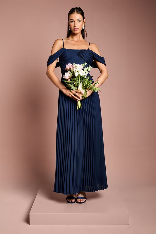 Bardot Pleated Maxi Bridesmaid Dress