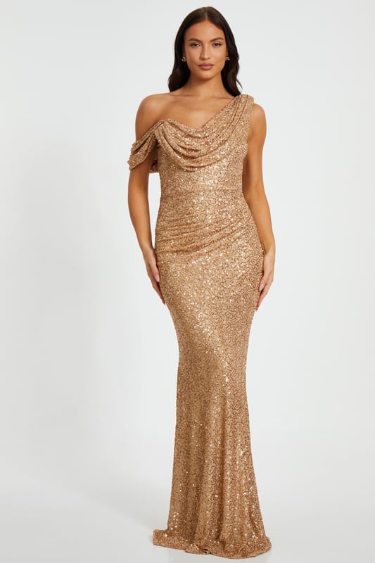 - Sequin finish - Cowl front - Drop shoulder - Fishtail style - Model height: 5'6" - Model wears uk 8 / us 4 / eur 36 - Always check the care wash label - Cool hand wash with mild detergent