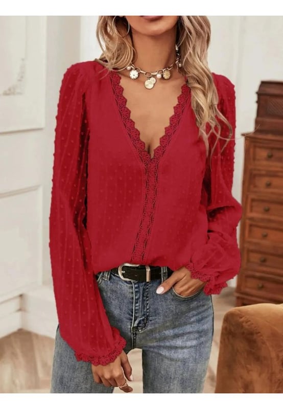 Swiss Dot Lace Detail V
  Neck Long Sleeve Blouse
  100% polyester material
  Swiss dot pattern
  Lace detailing
  V
  neckline
  Long sleeves
  No stretch
  Machine wash cold
  Tumble dry low
  Imported
