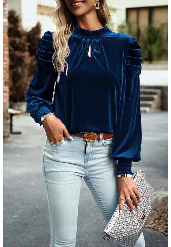 Tie Up Mock Neck Velvet Fabric Long Sleeve Blouse
  95% polyester 5% elastane
  Slightly stretchy material
  Opaque velvet fabric
  Machine wash cold tumble dry low
  Imported