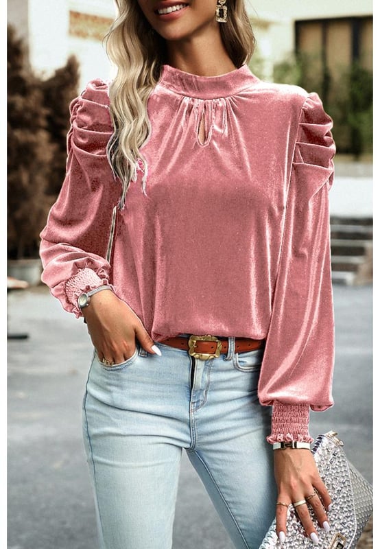 Tie Up Mock Neck Velvet Fabric Long Sleeve Blouse
  95% polyester 5% elastane
  Slightly stretchy material
  Opaque velvet fabric
  Machine wash cold tumble dry low
  Imported