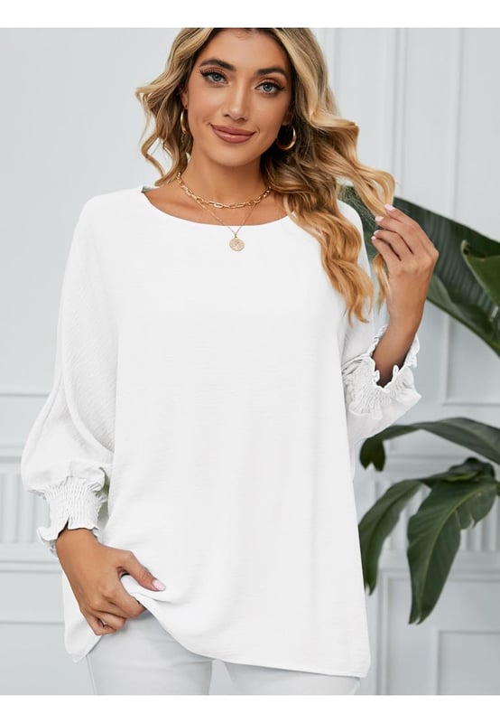 Basic style
  Opaque fabric
  No stretch
  95% polyester
  Machine wash cold tumble dry low
  Imported
  S: front length 25.7 in bust 50.7 in sleeve length 21.5 in
  M: front length 26.1 in bust 52.7 in sleeve length 21.8 in
  L: front length 26.5 in bust 54.6 in sleeve length 22.2 in
  XL: front length 26.9 in bust 57.7 in sleeve length 22.6 in
  1XL: front length 27.3 in bust 60.8 in sleeve length 23 in
Material: The material appears to be a smooth possibly woven fabric with a subtle texture.  It looks lightweight and drapes well.
