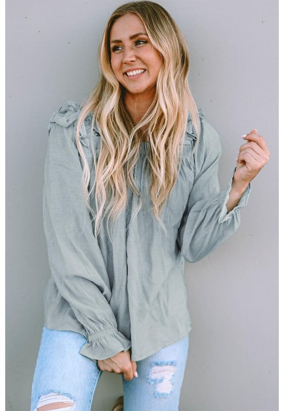 Frill Trim Flounce Sleeve Blouse
  Material: 85% polyester 15% elastane
  Frill trim details
  Opaque fabric
  No stretch
  Machine wash cold tumble dry low
  Imported
  S: bust 51.5 in sleeve length 25.7 in length 25.7 in
  M: bust 53.8 in sleeve length 26.1 in length 26.5 in
  L: bust 56.2 in sleeve length 26.5 in length 27.3 in
  XL: bust 59.3 in sleeve length 26.9 in length 28.1 in