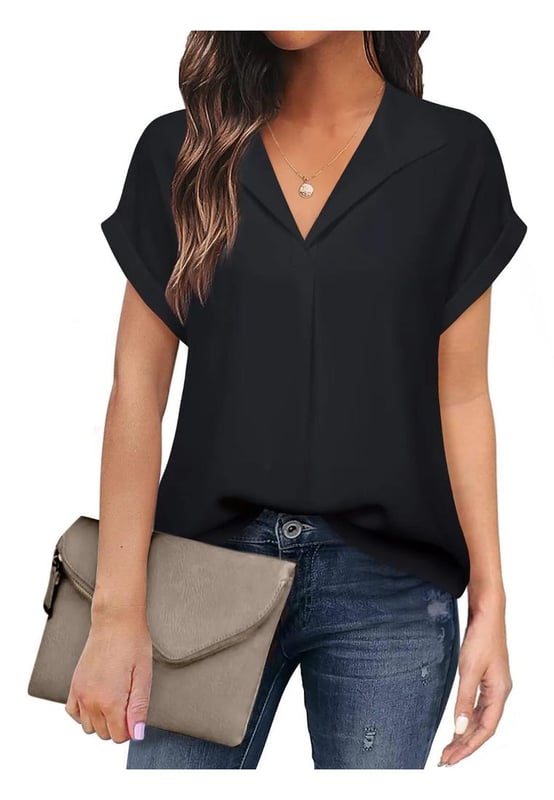 Womens collared neck short sleeve blouse
  Basic style
  No stretch
  100% polyester
  Machine wash cold
  Tumble dry low
  Imported
  Size S: Top Length 25.6 inches Bust 39.4 inches
  Size M: Top Length 26 inches Bust 41.3 inches
  Size L: Top Length 26.4 inches Bust 43.3 inches
  Size XL: Top Length 26.8 inches Bust 46.5 inches
  Size 2XL: Top Length 27.2 inches Bust 49.6 inches
Material: Polyester