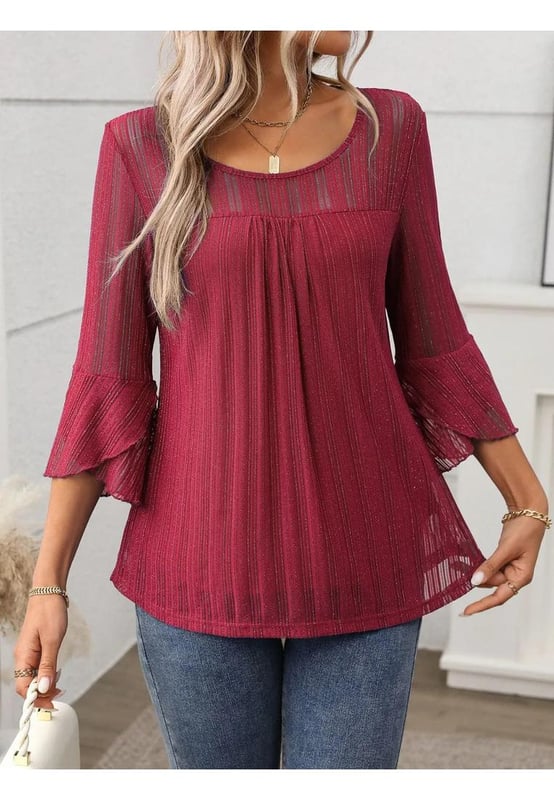 Basic style
  Opaque finish
  No stretch
  Material composition: 95% polyester 5% elastane
  Care instructions: Machine wash cold. Tumble dry low.
  Imported
  Product Measurements (Measurements by inches) & Size Conversion:
  Size S: US 4 Top Length 26 Bust 36.6 Sleeve Length 16.5
  Size M: US 6/8 Top Length 26.4 Bust 38.6 Sleeve Length 16.7
  Size L: US 10/12 Top Length 26.8 Bust 40.6 Sleeve Length 16.9
  Size XL: US 14 Top Length 27.2 Bust 43.3 Sleeve Length 17.1
  Size 2XL: US 16 Top Length 27.6 Bust 46.1 Sleeve Length 17.3