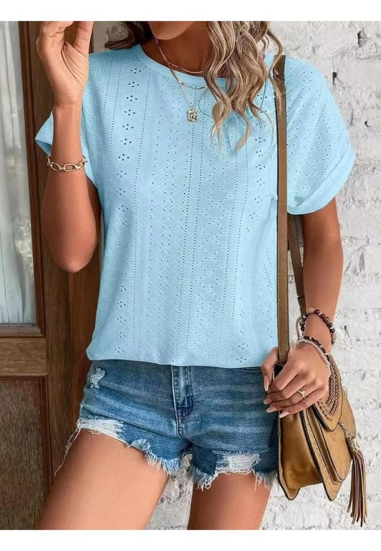 Eyelet Round Neck Short Sleeve Top
  Slightly stretchy fabric
  Material composition: 65% rayon 30% polyester 5% spandex
  Care instructions: Machine wash cold tumble dry low
  Imported
  Available sizes: S (US 4) M (US 6/8) L (US 10/12) XL (US 14/16) 2XL (US 18)
  Top Length: S (26 inches) M (26.4 inches) L (26.8 inches) XL (27.2 inches) 2XL (27.6 inches)
  Bust: S (37 inches) M (39 inches) L (40.9 inches) XL (44.1 inches) 2XL (47.2 inches)
  Sleeve Length: S (8.3 inches) M (8.7 inches) L (9.1 inches) XL (9.8 inches) 2XL (10.6 inches)