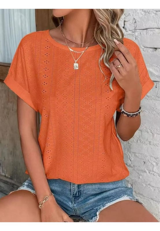 Eyelet Round Neck Short Sleeve Top
  Slightly stretchy fabric
  Material composition: 65% rayon 30% polyester 5% spandex
  Care instructions: Machine wash cold tumble dry low
  Imported
  Available sizes: S (US 4) M (US 6/8) L (US 10/12) XL (US 14/16) 2XL (US 18)
  Top Length: S (26 inches) M (26.4 inches) L (26.8 inches) XL (27.2 inches) 2XL (27.6 inches)
  Bust: S (37 inches) M (39 inches) L (40.9 inches) XL (44.1 inches) 2XL (47.2 inches)
  Sleeve Length: S (8.3 inches) M (8.7 inches) L (9.1 inches) XL (9.8 inches) 2XL (10.6 inches)