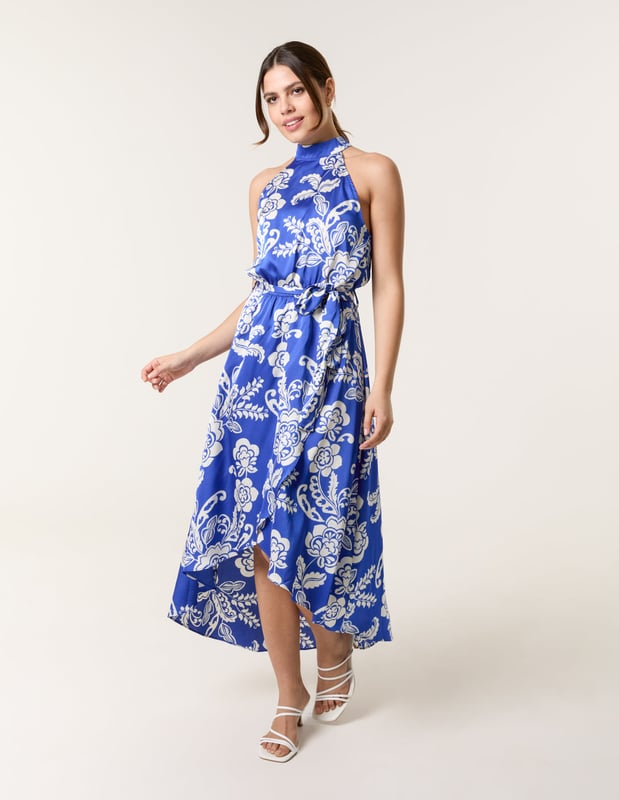 This midi dress is a must-have for special occasions, with it's elegant neckline, satin finish, and wrap front. Team with white heels and silver accessories.     