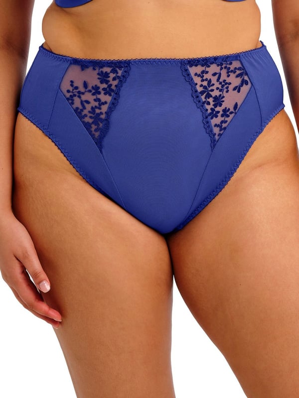 Elomi Zarla High Leg Brief. High waisted brief with a high leg cut, embroidery panels and double layer stretch mesh for modesty. Product is recommended as gentle wash only.