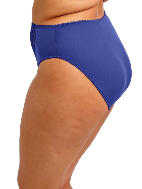 Elomi Zarla High Leg Brief. High waisted brief with a high leg cut, embroidery panels and double layer stretch mesh for modesty. Product is recommended as gentle wash only.
