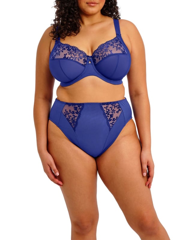Elomi Zarla High Leg Brief. High waisted brief with a high leg cut, embroidery panels and double layer stretch mesh for modesty. Product is recommended as gentle wash only.