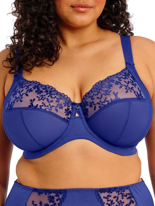 Elomi Zarla Full Cup Bra. Underwired full coverage bra with a three section cup with non-stretch embroidered top cups, front keyhole detail, a smoothing tall chimney back and sheer tulle cups. Fit based on the beloved Elomi Morgan Full Cup Bra EL4110. Product is recommended as hand wash only.
