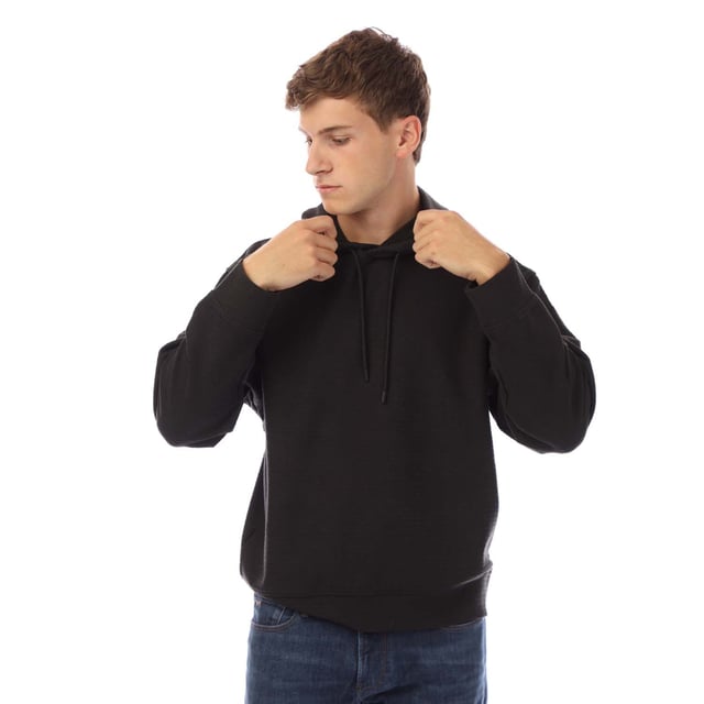 Mens Emporio Armani Allover Lettering Hoodie in black.- Drawstring hood.- Jacquard.- All-over flock print.- Regular fit.- 46% Cotton  46% Lyocell  8% Elastane.- Ref: EM001007AUC001