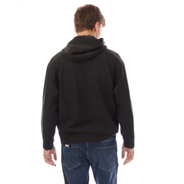 Mens Emporio Armani Allover Lettering Hoodie in black.- Drawstring hood.- Jacquard.- All-over flock print.- Regular fit.- 46% Cotton  46% Lyocell  8% Elastane.- Ref: EM001007AUC001