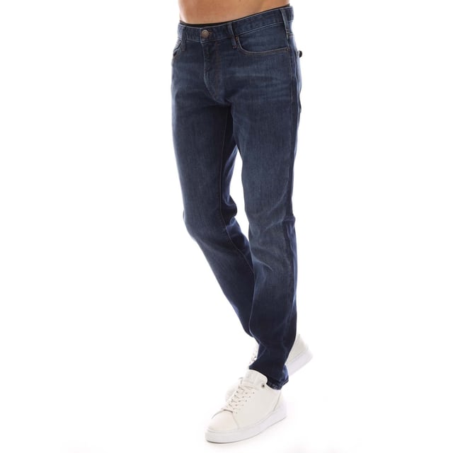 Mens Emporio Armani J06 Slim-Fit Jeans in blue.- Five-pocket styling.- Zip fly and button fastening.- Belt loops.- Leather brand patch.- Slim fit.- 98% Cotton  2% Elastane.- Ref: EM000121AMB002