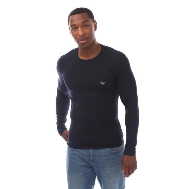 Mens Emporio Armani Long Sleeve T- Shirt in navy.- Round collar.- Long sleeves.- Embroidered logo.- Slim fit.- 95% Cotton  5% Elastane.- Ref: 11102351200135