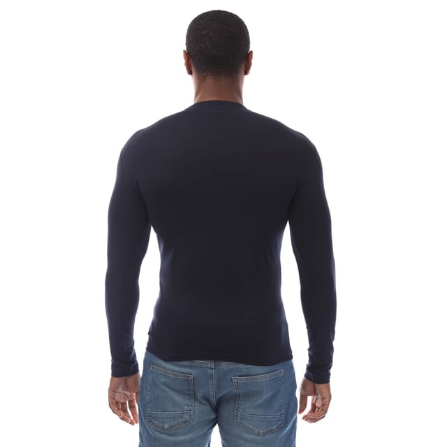 Mens Emporio Armani Long Sleeve T- Shirt in navy.- Round collar.- Long sleeves.- Embroidered logo.- Slim fit.- 95% Cotton  5% Elastane.- Ref: 11102351200135
