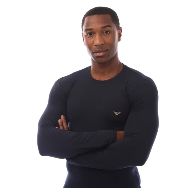 Mens Emporio Armani Long Sleeve T- Shirt in navy.- Round collar.- Long sleeves.- Embroidered logo.- Slim fit.- 95% Cotton  5% Elastane.- Ref: 11102351200135