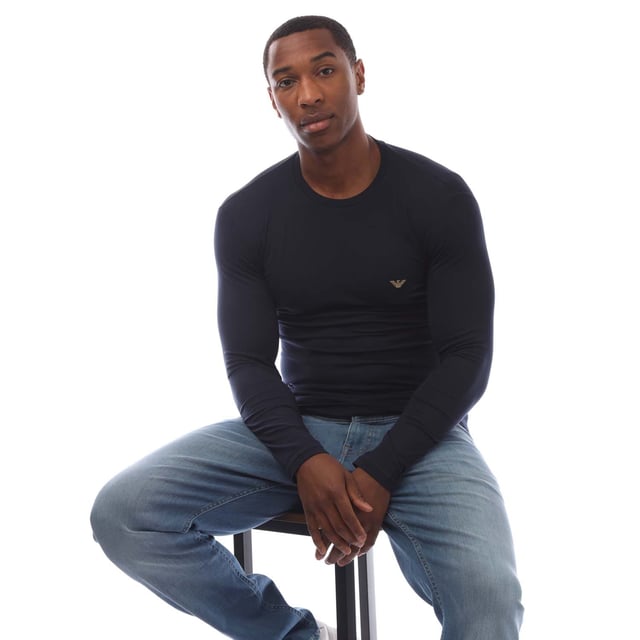 Mens Emporio Armani Long Sleeve T- Shirt in navy.- Round collar.- Long sleeves.- Embroidered logo.- Slim fit.- 95% Cotton  5% Elastane.- Ref: 11102351200135