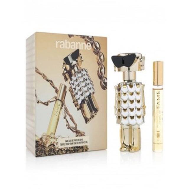 PACO FAME SET: EDP SPRAY 80ML + EDP SPRAY 20ML Capturing the irresistible Parisian spirit of the Rabanne woman, FAME perfume pays tribute to a new era of femininity. Playful. Sensual. Empowered.
The quintessence of avant-garde luxury, this perfume is a blend of exceptionally pure jasmine, succulent mango and an addictively sensual creamy incense. Succulent Mango. Exceptionally pure Jasmine perfume. Addictive creamy incense.
Set includes:
Fame Eau de Parfum Spray 80ml
Fame Eau de Parfum Spray 20ml