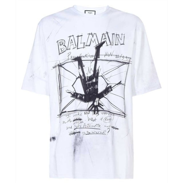 Balmain Sketch Drawing Logo White T-shirt Elevate your wardrobe with the Balmain Sketch Drawing Logo White T-Shirt, a refined piece crafted in Italy from 100% premium cotton for exceptional comfort and durability. Featuring Balmain's distinctive sketch drawing logo, this white t-shirt blends artistic flair with timeless style. Its breathable fabric ensures all-day ease, making it perfect for both casual outings and sophisticated layering. Designed for the modern man who values quality and elegance, this t-shirt offers a versatile addition to any collection, promising a sleek, polished look every time you wear it. Experience luxury and creativity in one essential garment